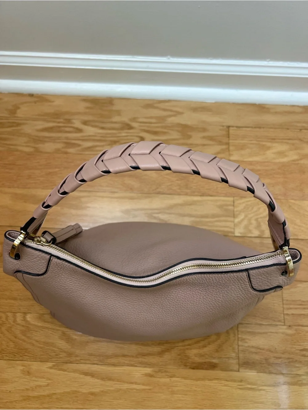 Authentic Furla Rialto Pebbled Leather Hobo Bag - Woven Handle in Powder Pink
